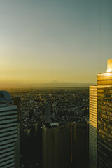Mt. Fuji seen between the skyscrapers in Japan