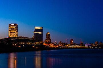 Fototapeta na wymiar Night City of Milwaukee skyline along shoreline of Lake Michigan