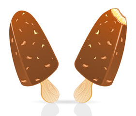 Two popsicle sticks of vanilla ice cream coated with chocolate and peanut on white background. One ice cream stick has been bitten.