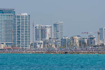 Panoramic view of Tel Aviv coast. Mediterranean Sea coastline in Tel Aviv
