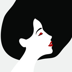 Beautiful woman profile. Beauty face with black hair, red lips. Vector illustration with place for your text.