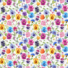 Beautiful vector seamless floral pattern with watercolor gentle colorful summer pansy flowers. Stock illustration.