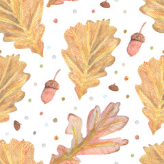 Raster seamless watercolor pattern with acorns, colored ots and oak leaves. Colored hand drawn tracery.
