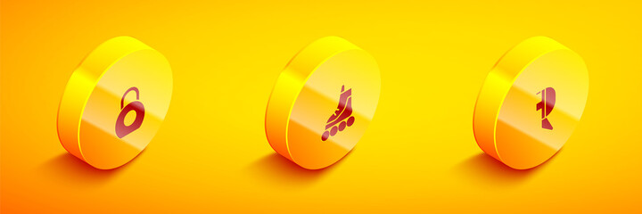 Set Isometric Kettlebell, Roller skate and Fencing helmet mask icon. Vector