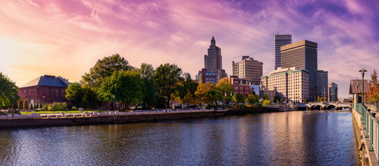 Providence, Rhode Island, United States. Panoramic view of a modern downtown city skyline on the...