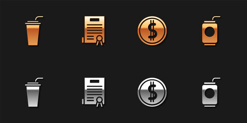 Set Paper glass with straw, Declaration of independence, Coin money dollar and Soda can icon. Vector