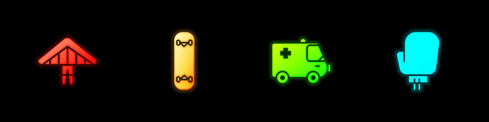 Set Hang glider, Skateboard trick, Ambulance and emergency car and Boxing glove icon. Vector