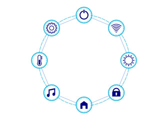 Blue circle shape icon of things such as wifi, light, lock, home, song, temperature, setting, and shutdown symbol connected on white background. Smart device concept.