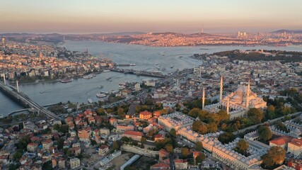 aerial view of istanbul, bosphorus and suleymaniye mosque at sunrise