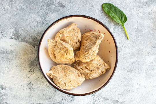 fresh soy meat vegetable protein seitan raw pieces snack healthy meal copy space vegan or vegetarian food background rustic top image 