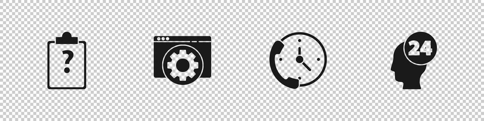 Set Clipboard with question marks, Browser setting, Telephone 24 hours support and Support operator touch icon. Vector