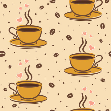 Seamless comic coffee pattern with hand drawn elements. Doodle Cup, hearts and coffee beans. Background for cafe, restaurant, coffee shop or menu. Vector illustration.