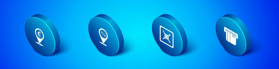 Set Isometric Cash location, Safe, Credit card and Location with percent discount icon. Vector