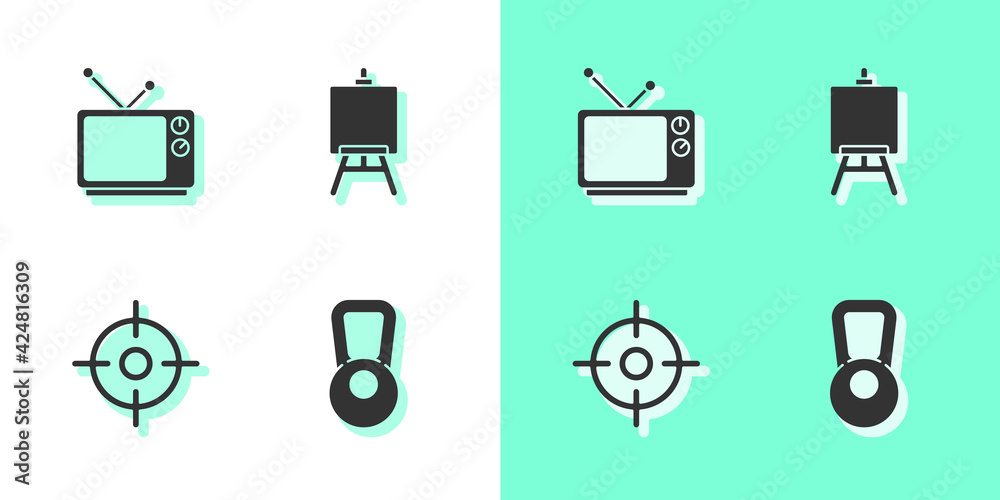 Sticker Set Kettlebell, Retro tv, Target sport and Easel painting art boards icon. Vector