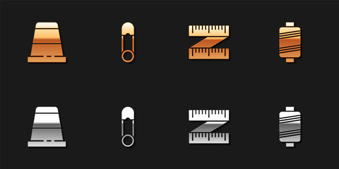 Set Thimble for sewing, Safety pin, Tape measure and Sewing thread icon. Vector