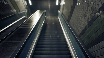Ascent to the subway along the escalator. Modern city, metro, speed, public transport, subway. The animation is for urban, transport or modern city backgrounds.
