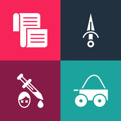 Set pop art Wooden four-wheel cart, Sword with blood, Dagger and Decree, parchment, scroll icon. Vector