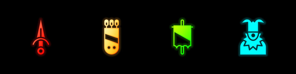 Set Dagger, Quiver with arrows, Medieval flag and Joker head icon. Vector