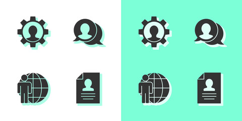 Fototapeta premium Set Resume, Human with gear, Head hunting and Speech bubble chat icon. Vector