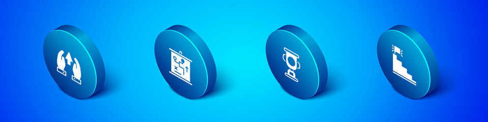 Set Isometric Growth chart and progress, Award cup, Stair with finish flag and Planning strategy concept icon. Vector