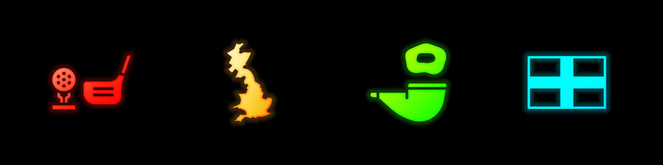 Obraz premium Set Golf club with ball on tee, England map, Smoking pipe and Flag of icon. Vector