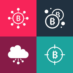 Set pop art Bitcoin in the target, Cryptocurrency cloud mining, and Blockchain technology icon. Vector