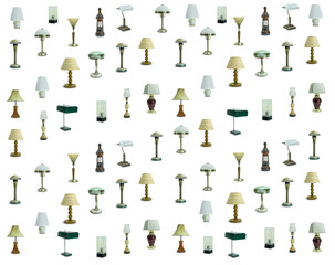 pattern of retro, vintage table lamps isolated on white background