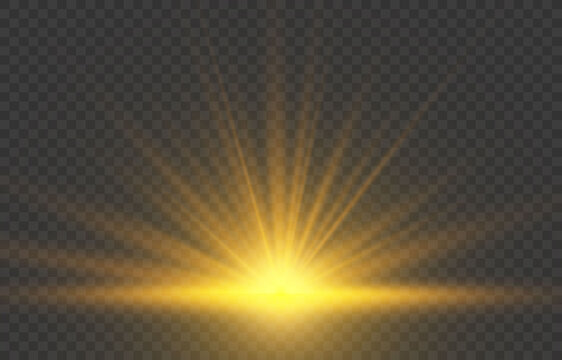 Realistic sunrise lighting. Yellow sun rays and glow on transparent background. Glowing light burst explosion. Flare effect decoration with ray sparkles. Vector illustration