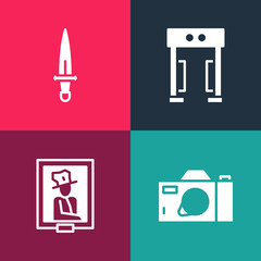 Set pop art Photo camera, Portrait in museum, Metal detector and Dagger icon. Vector