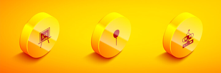 Set Isometric Chalkboard, Balloons with ribbon and Robot toy icon. Vector