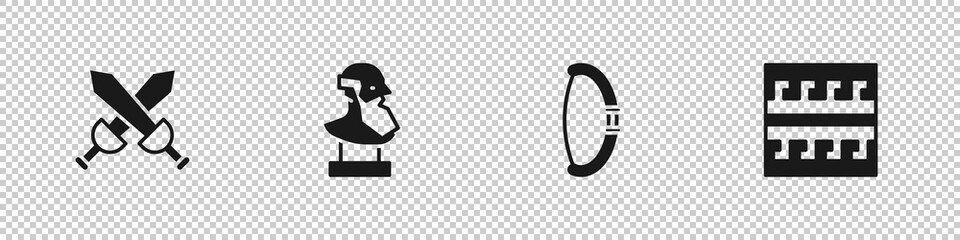 Obraz premium Set Crossed medieval sword, Ancient bust sculpture, Medieval bow and Greek pattern icon. Vector