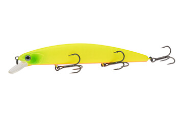 Wobbler with hooks for fishing as bait for fish, which is used for spinning. Fishing tackle for a fisherman.