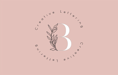 White Letter B Logo with circle lettering design and outline leaves and pastel backgound.