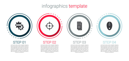 Set Social media marketing, Target sport, Browser window and Computer mouse. Business infographic template. Vector