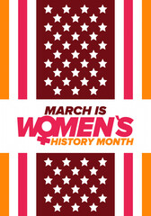 Women's History Month. Celebrated annual in March, to mark women’s contribution to history. Female symbol. Women's rights. Girl power in world. Poster, postcard, banner. Vector illustration