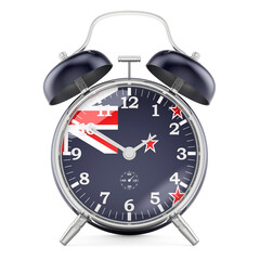 Alarm clock with flag of New Zealand, 3D rendering