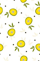 Fruit summer pattern. Seamless bright tropical pattern with leaves on a light background. Bright kitchen, home decor, healthy food design. Decoration for typography, textiles, packaging. Vector.