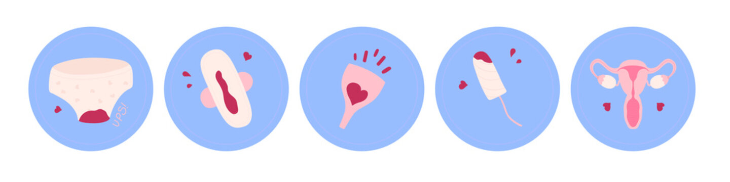 Set of icons about menstruation. Menstruation cup, panty, tampon, uterus. Can be used as stickers or story highlight covers.