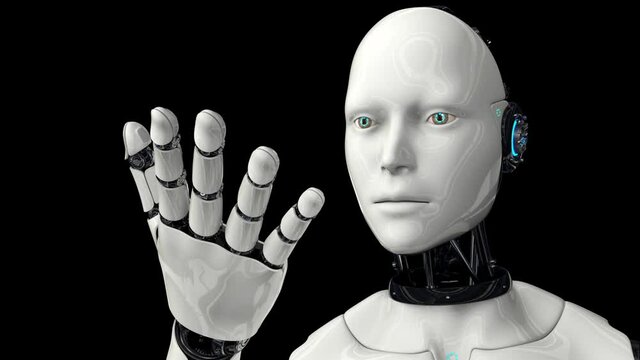 Artificial intelligence. Futuristic humanoid robot moves its head, eyes and scans, studies the movement of his hand. The camera is slowly moving away the robot. On a black background. 3D animation.