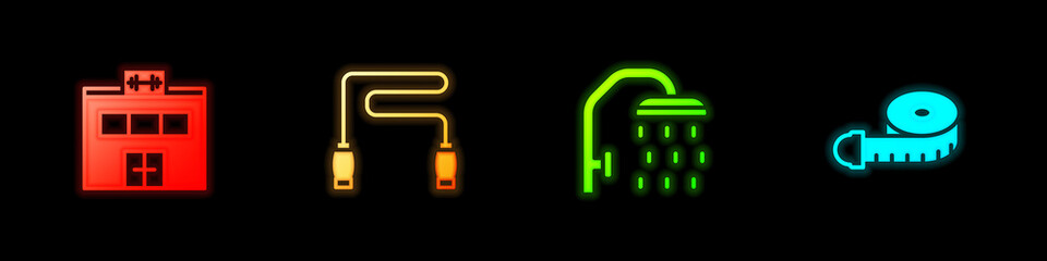 Set Gym building, Jump rope, Shower head and Tape measure icon. Vector