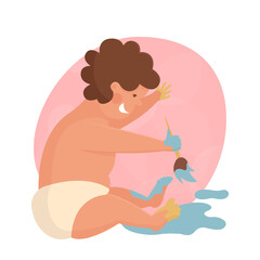 Obraz premium Little white curly toddler boy sits on floor with brush in his hands and draws. Brawler pours paint and rejoices. Flat illustration of child contaminated with paint for banner, poster, advertising
