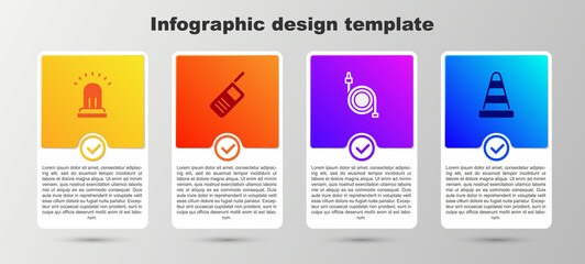 Set Ringing alarm bell, Walkie talkie, Fire hose reel and Traffic cone. Business infographic template. Vector