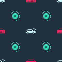 Set Fire exit, Burning car and Ringing alarm bell on seamless pattern. Vector