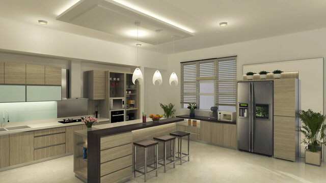 modern kitchen interior with minimalist island bar table. Using wooden cabinet and pendant lamp decoration. 