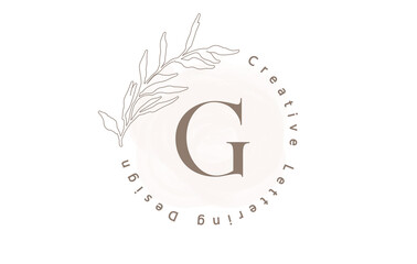 Letter G Logo With Watercolor brush and circle lettering design and  outline leaves in Pastel Colors. Creative vector illustration with letter G.