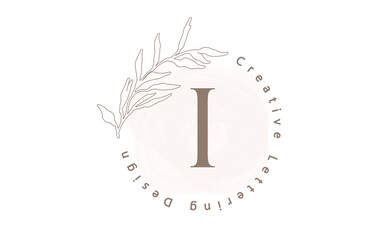 Letter I Logo With Watercolor brush and circle lettering design and  outline leaves in Pastel Colors. Creative vector illustration with letter I.