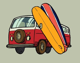 Vintage surfing van with two surfboards isolated vehicle summer sports vector illustration.