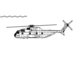 Sikorsky CH-53 Sea Stallion. Vector drawing of heavy-lift helicopter. Side view. Image for illustration and infographics.