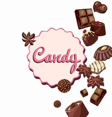 Chocolate candies composition with text illustration lettering