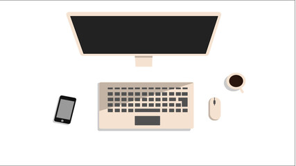 Modern, minimalist work desk setup with computer, mobile phone and coffee